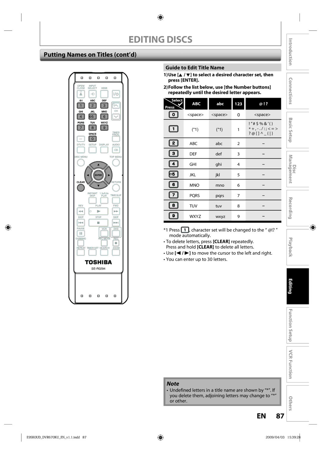 Toshiba DVR670KU owner manual Editing Discs, Putting Names on Titles cont’d, Guide to Edit Title Name 