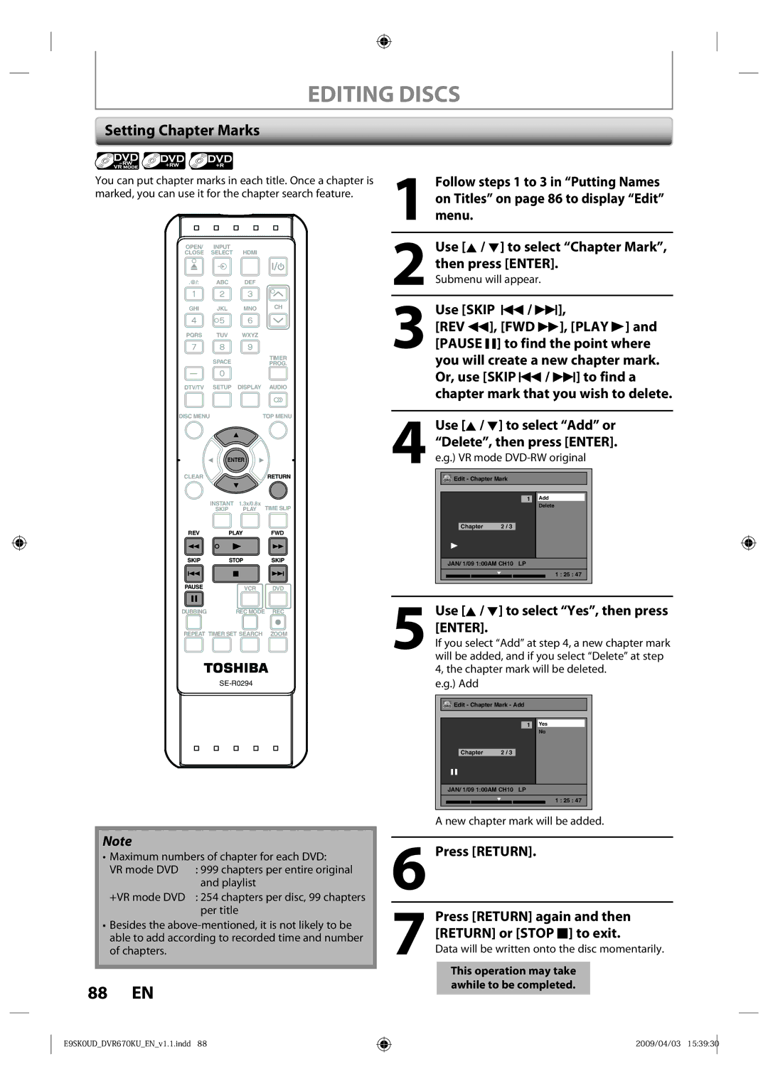 Toshiba DVR670KU Setting Chapter Marks, Use Skip H / G, Press Return again and then Return or Stop C to exit 