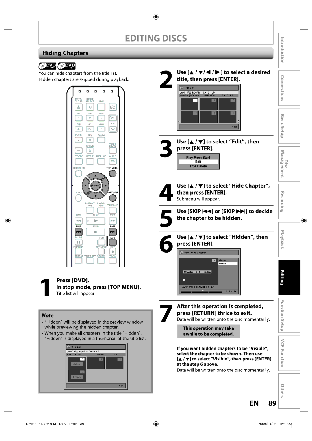 Toshiba DVR670KU owner manual Hiding Chapters, Use K / L to select Hide Chapter, then press Enter, Title, then press Enter 