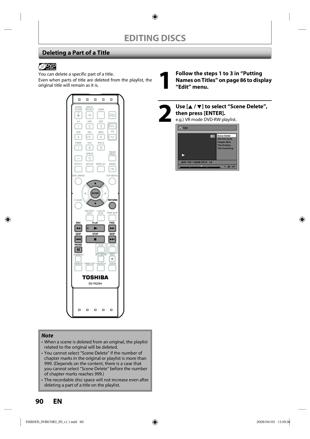 Toshiba DVR670KU owner manual Deleting a Part of a Title 