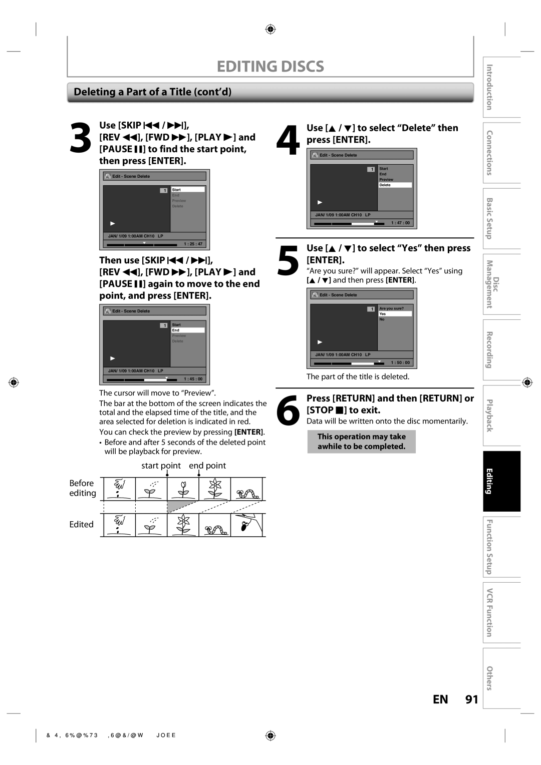 Toshiba DVR670KU Deleting a Part of a Title cont’d, Use K / L to select Delete then press Enter, Then press Enter 