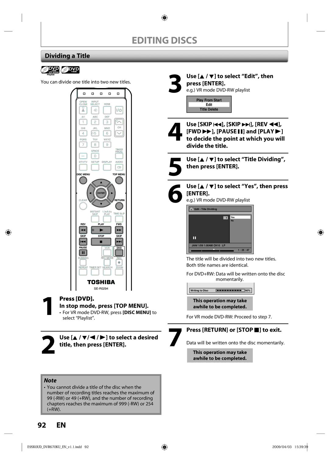 Toshiba DVR670KU owner manual Dividing a Title, Press DVD Stop mode, press TOP Menu, Press Return or Stop C to exit 