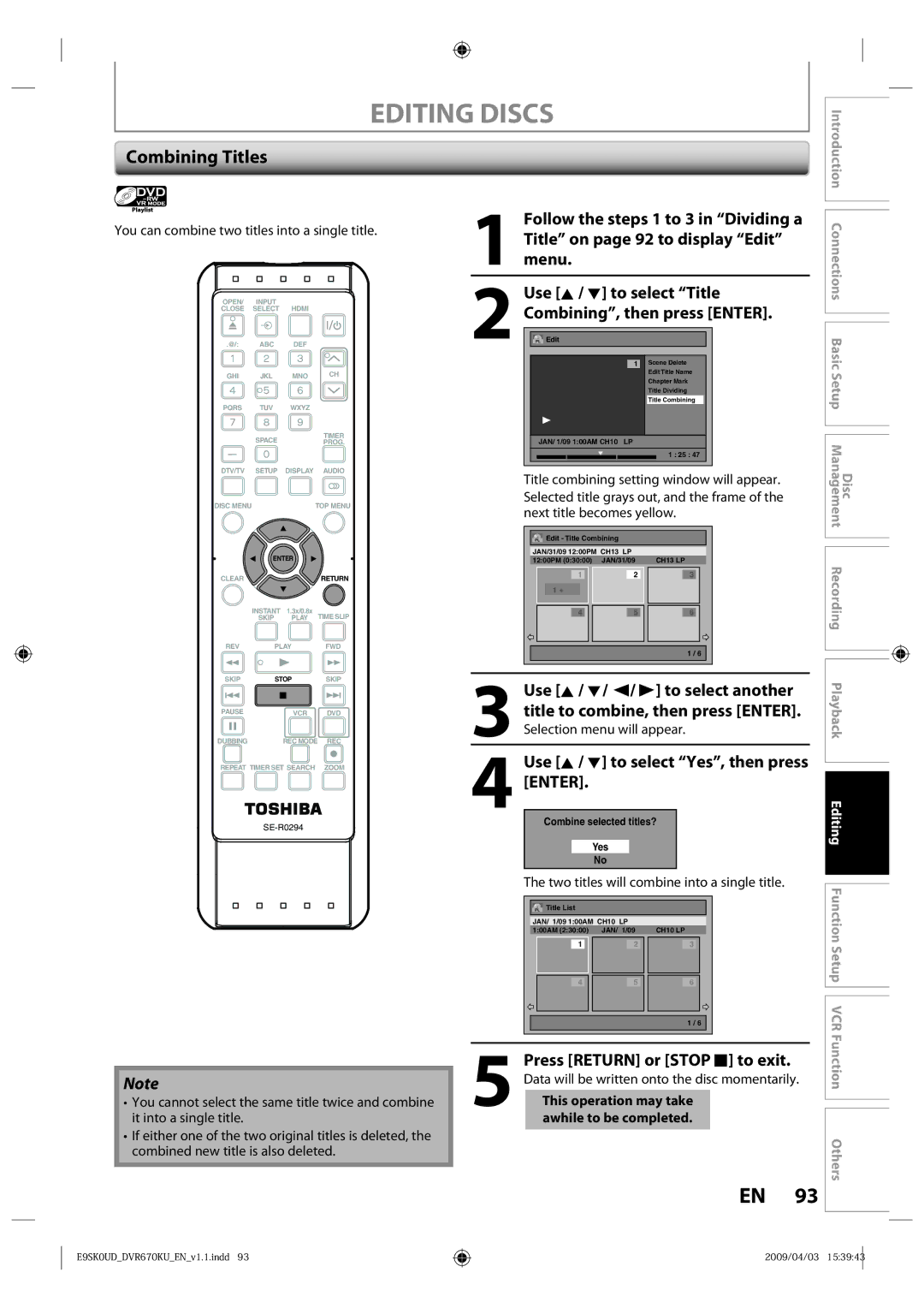 Toshiba DVR670KU Combining Titles, Combining, then press Enter, Press Return or Stop C to exit, Disc Management Recording 