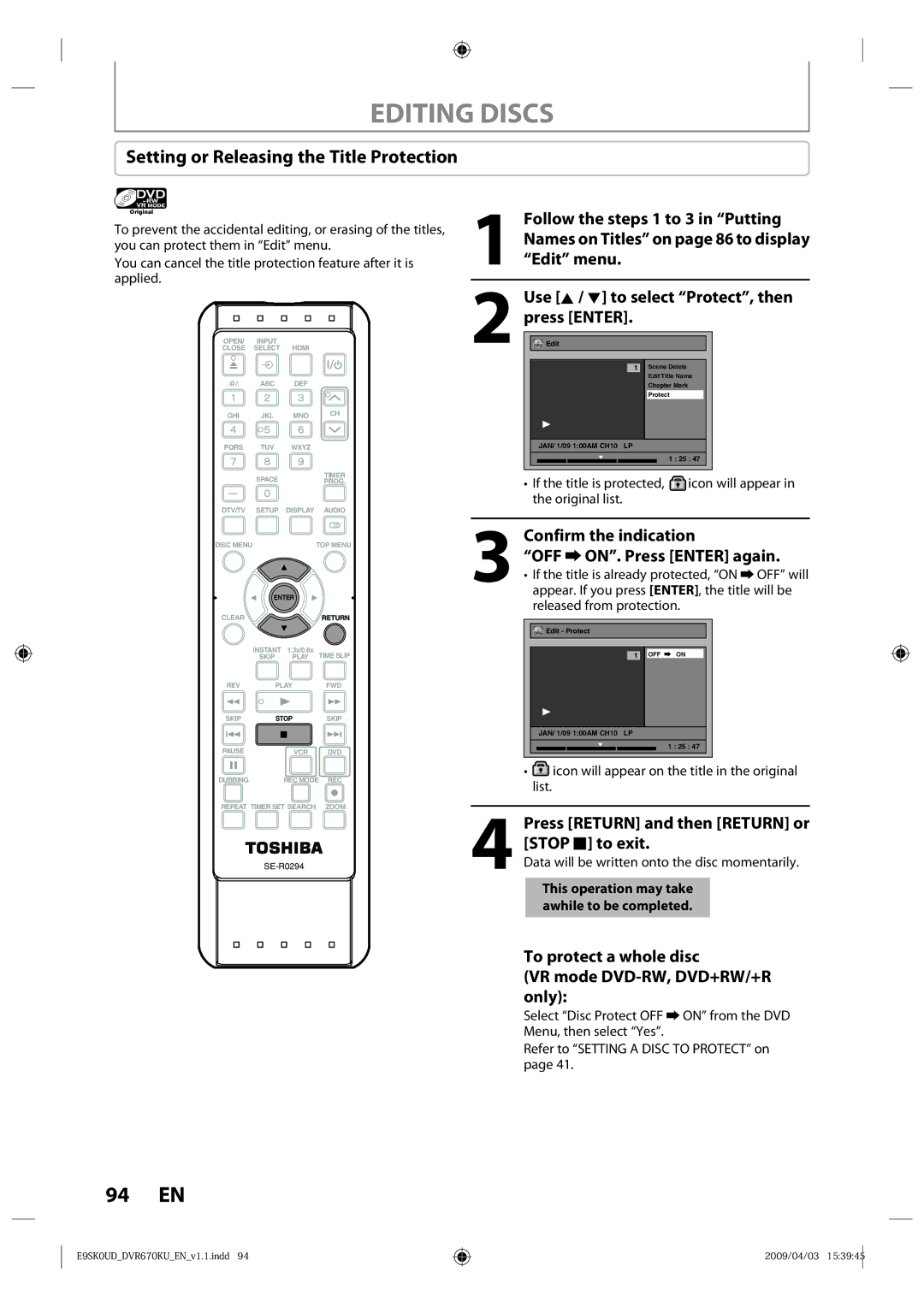 Toshiba DVR670KU owner manual Setting or Releasing the Title Protection, Confirm the indication OFF ON. Press Enter again 