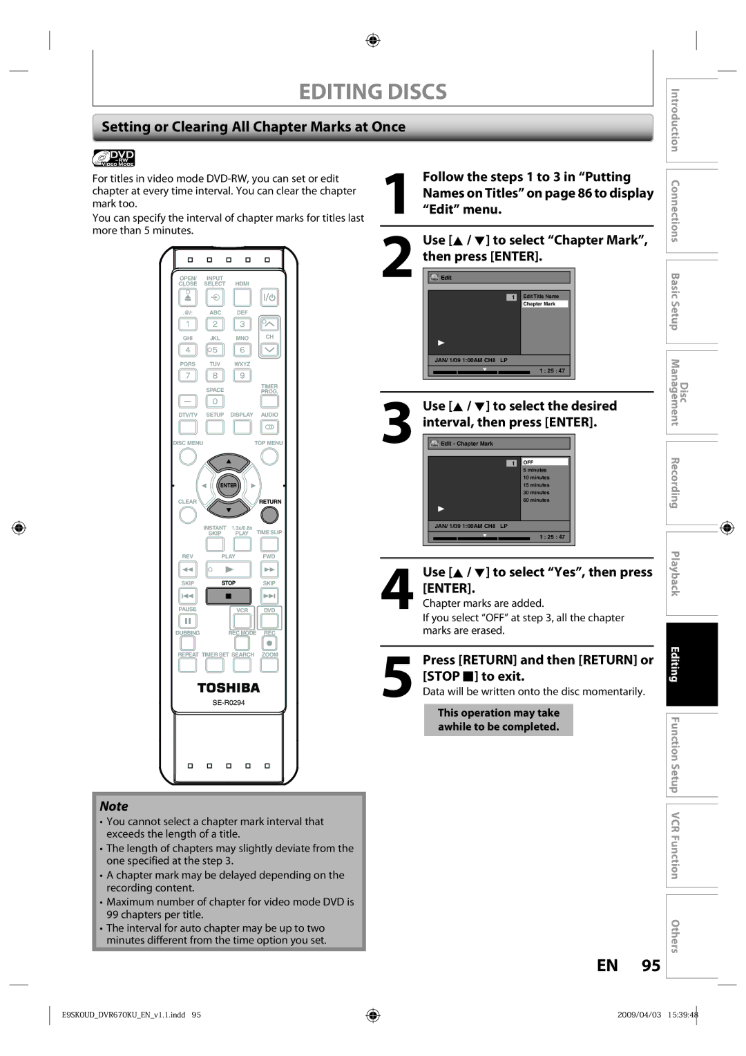 Toshiba DVR670KU owner manual Setting or Clearing All Chapter Marks at Once, Use K / L to select Chapter Mark 