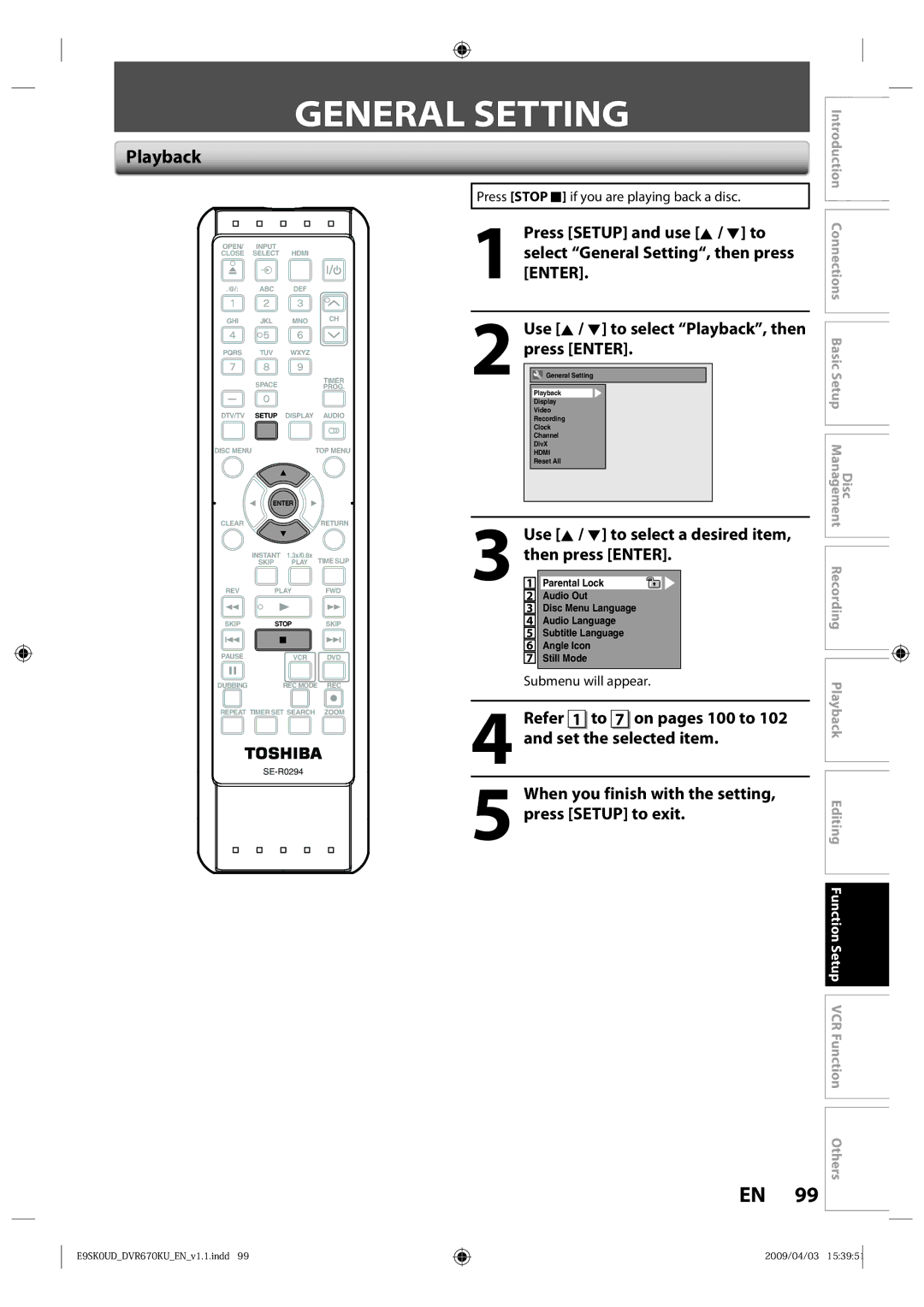 Toshiba DVR670KU owner manual General Setting, Playback, Use K / L to select a desired item, then press Enter 