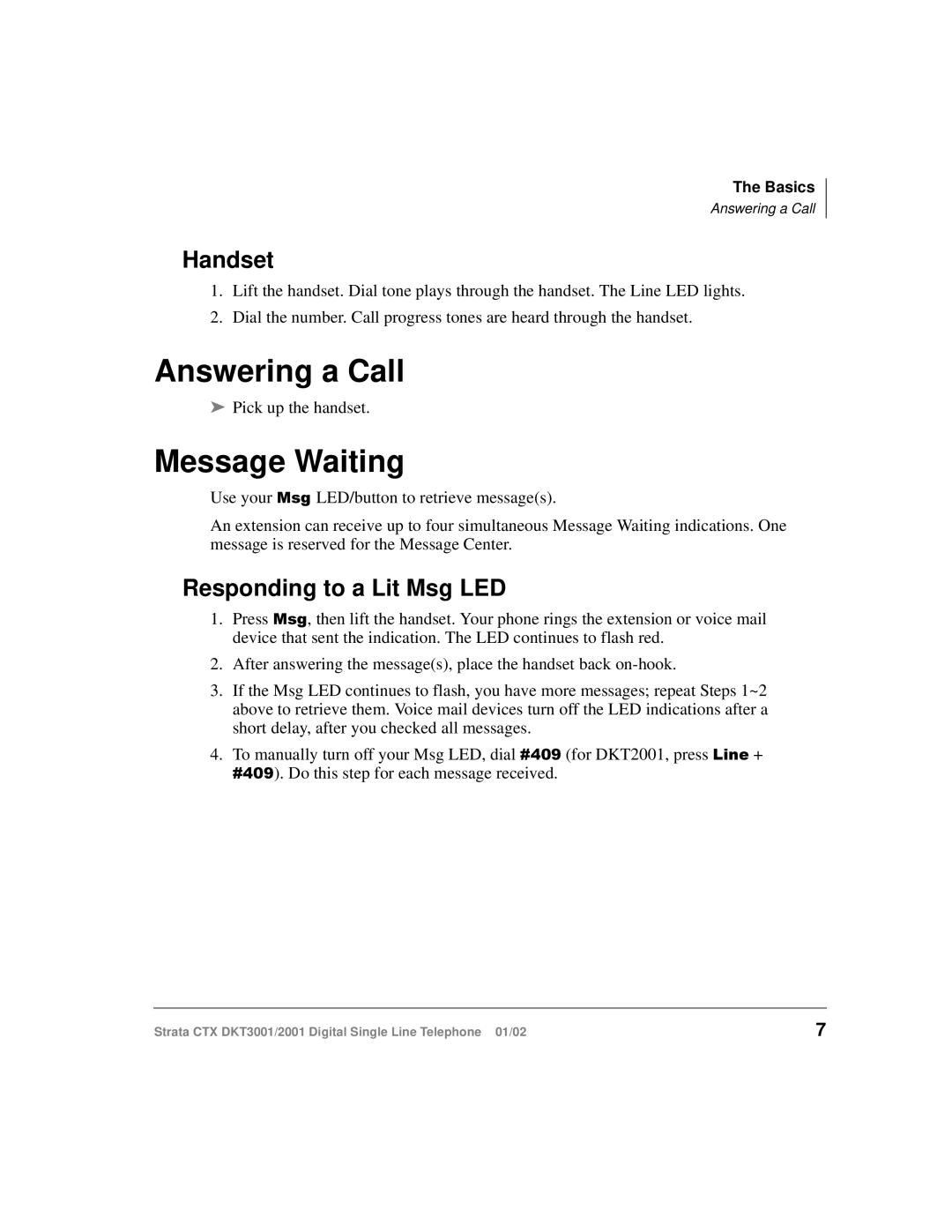 Toshiba 2001, DXT3001 manual Answering a Call, Message Waiting, Handset, Responding to a Lit Msg LED 