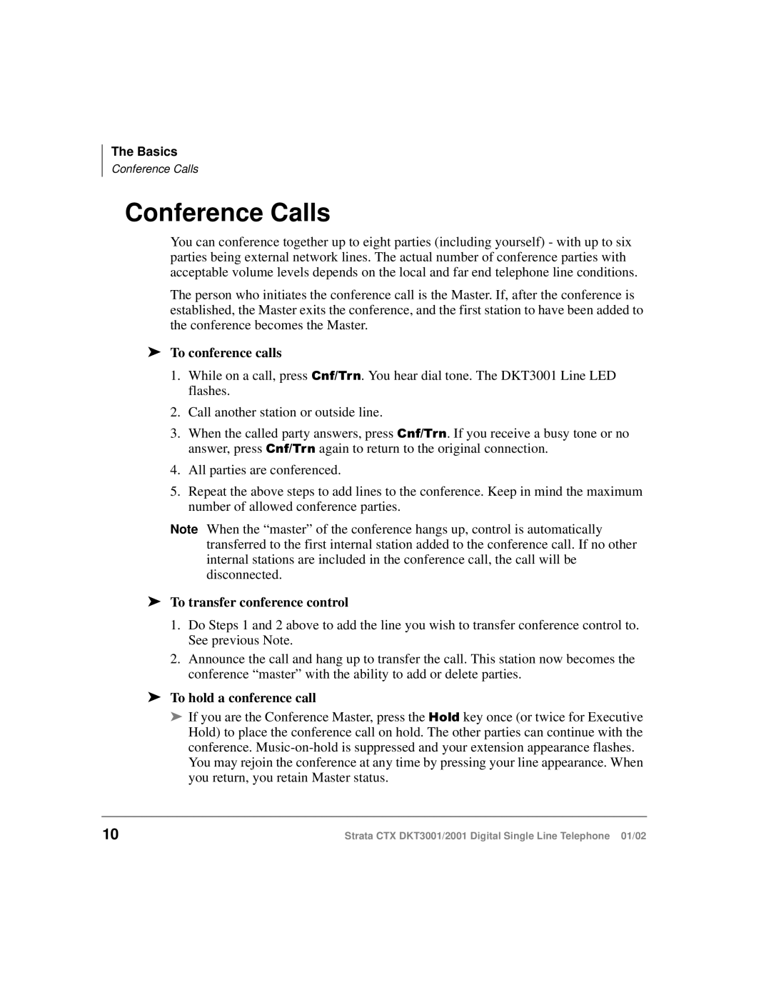 Toshiba DXT3001, 2001 Conference Calls, To conference calls, To transfer conference control, To hold a conference call 