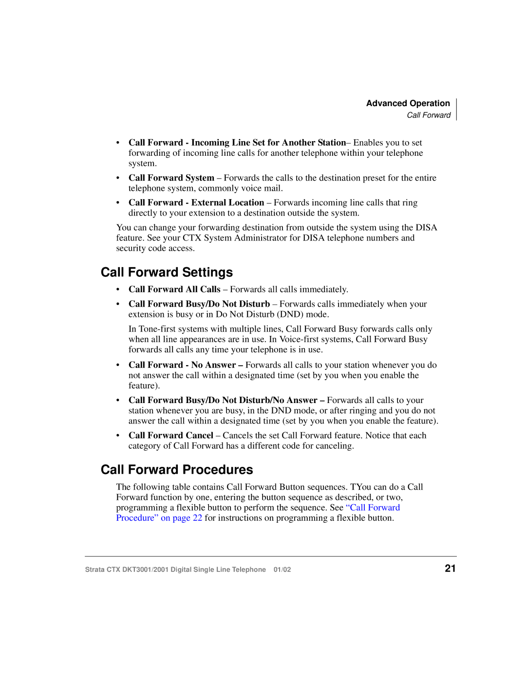 Toshiba 2001, DXT3001 manual Call Forward Settings, Call Forward Procedures 