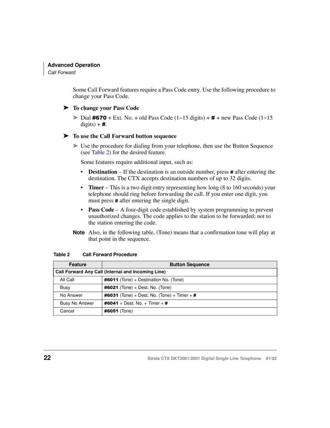 Toshiba DXT3001, 2001 manual To change your Pass Code, To use the Call Forward button sequence, Call Forward Procedure 