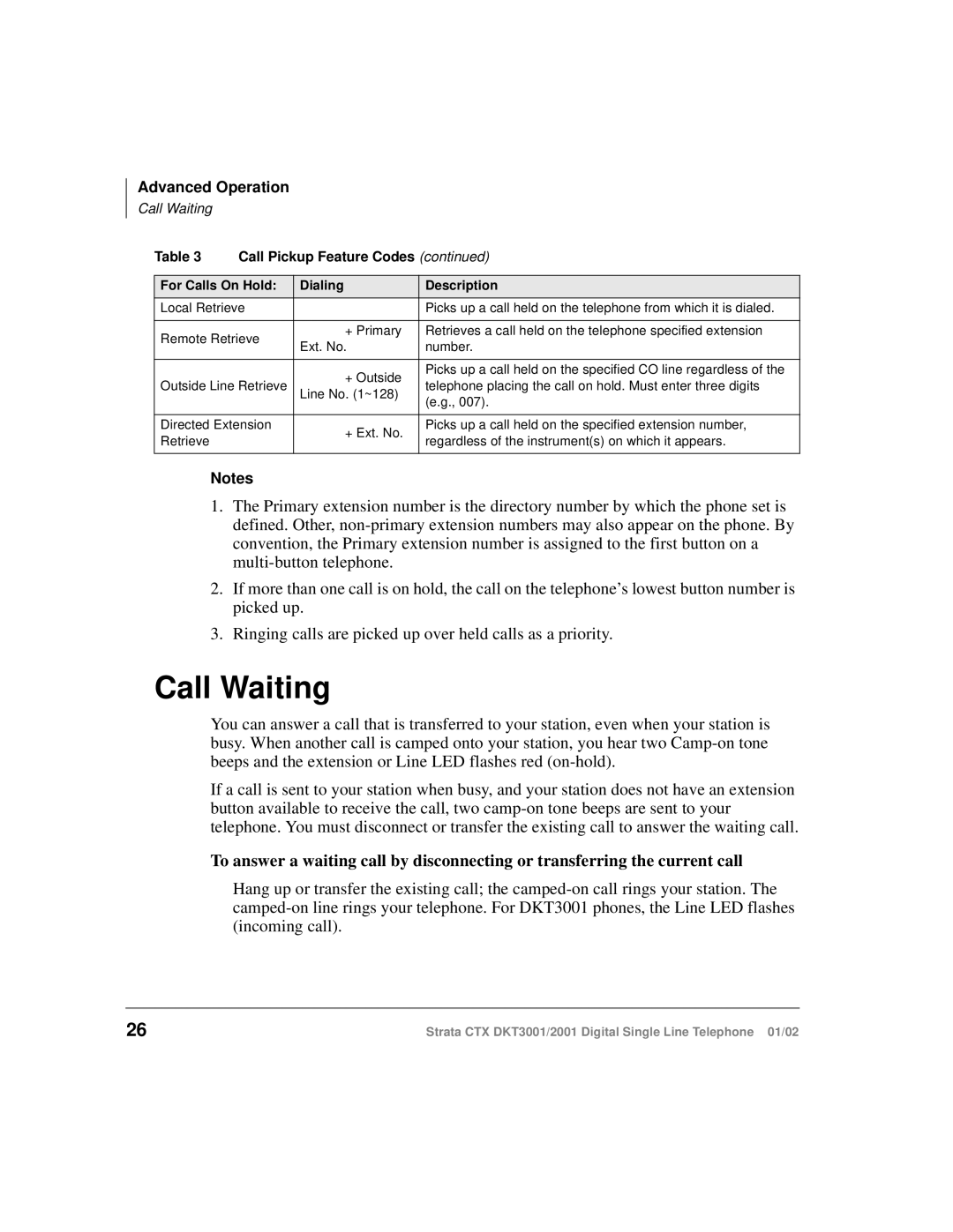 Toshiba DXT3001, 2001 manual Call Waiting, For Calls On Hold Dialing Description 