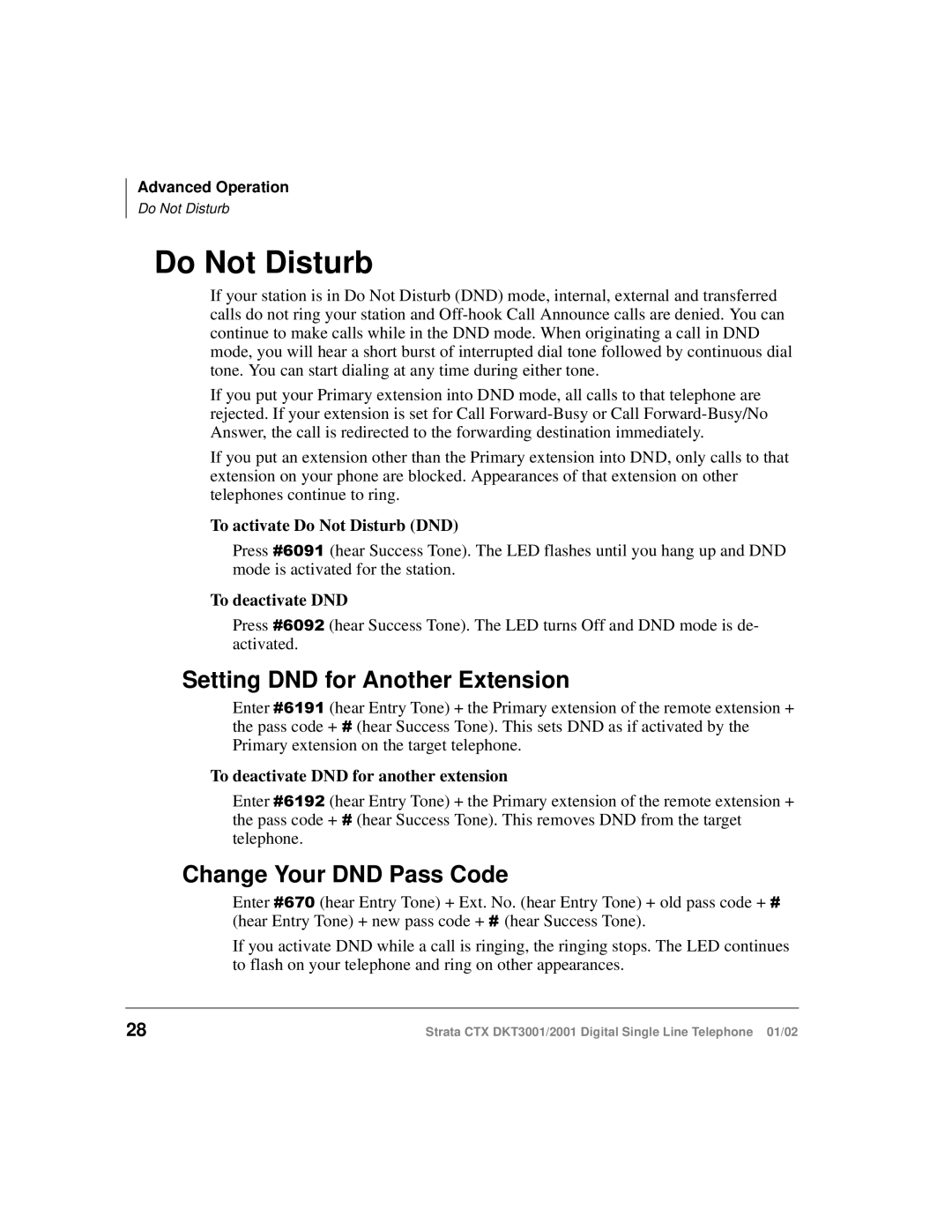 Toshiba DXT3001, 2001 manual Do Not Disturb, Setting DND for Another Extension, Change Your DND Pass Code 