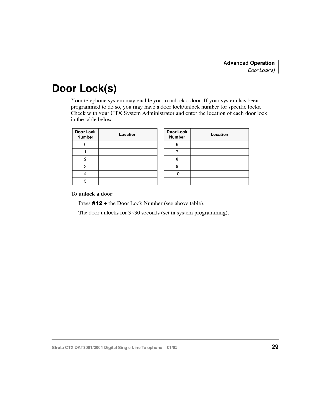 Toshiba 2001, DXT3001 manual Door Locks, To unlock a door 