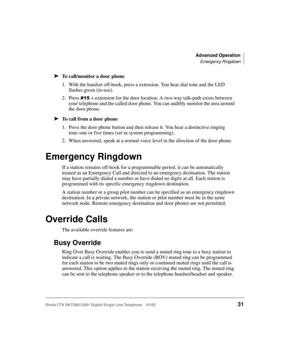 Toshiba 2001 Emergency Ringdown, Override Calls, Busy Override, To call/monitor a door phone, To call from a door phone 