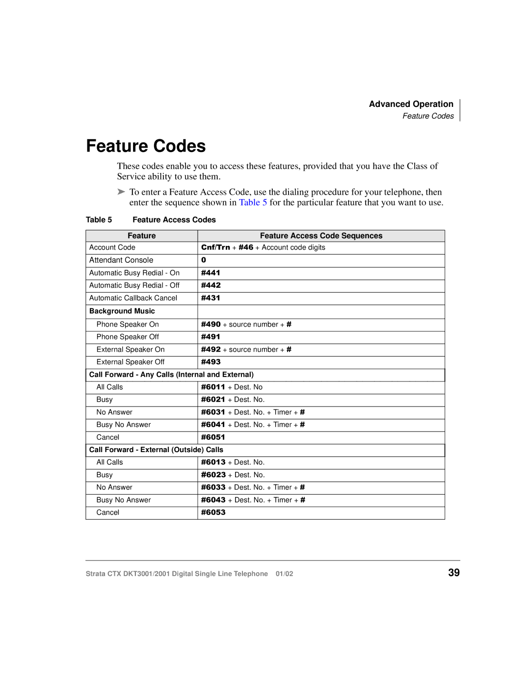 Toshiba 2001, DXT3001 manual Feature Codes, Feature Access Codes Feature Access Code Sequences 