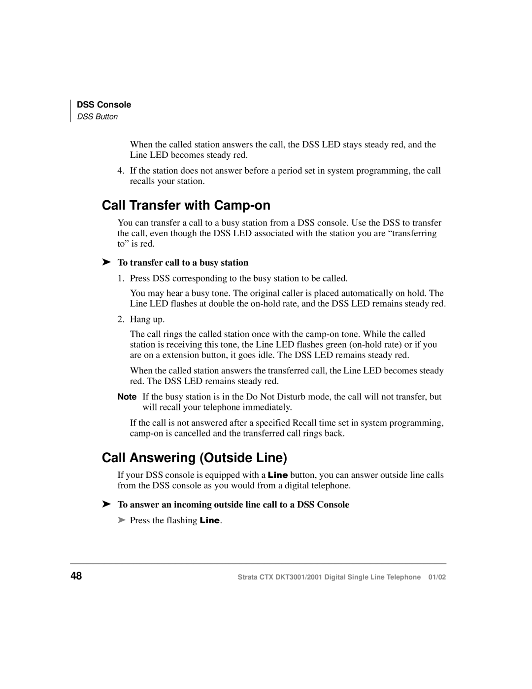 Toshiba DXT3001, 2001 manual Call Transfer with Camp-on, Call Answering Outside Line, To transfer call to a busy station 