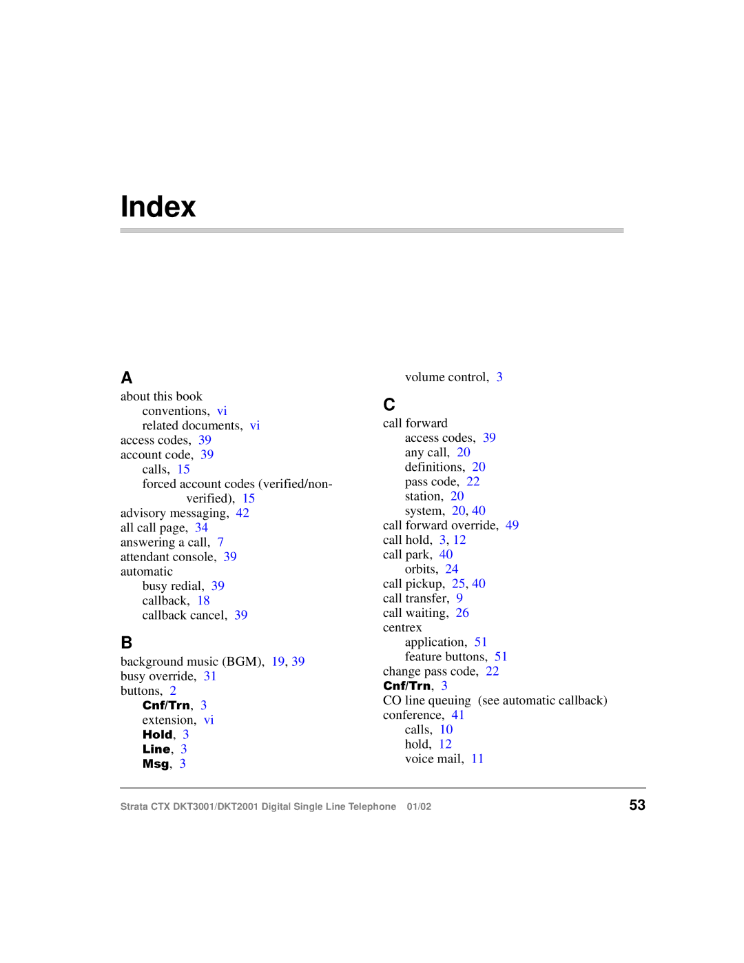 Toshiba 2001, DXT3001 manual Index 