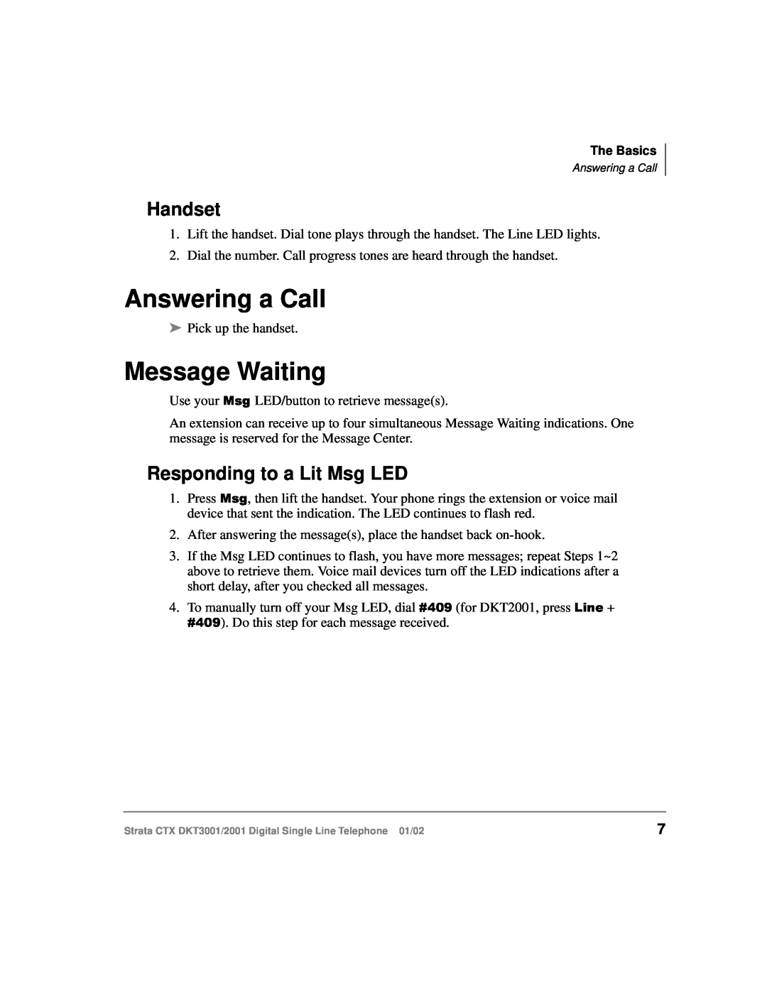 Toshiba 2001, DXT3001 manual Answering a Call, Message Waiting, Handset, Responding to a Lit Msg LED 