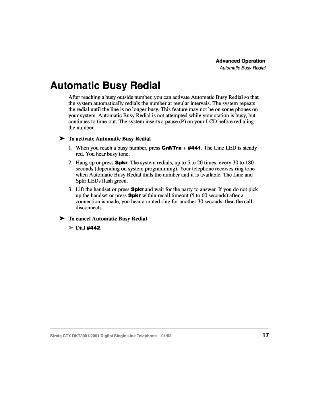 Toshiba 2001, DXT3001 manual To activate Automatic Busy Redial, To cancel Automatic Busy Redial 