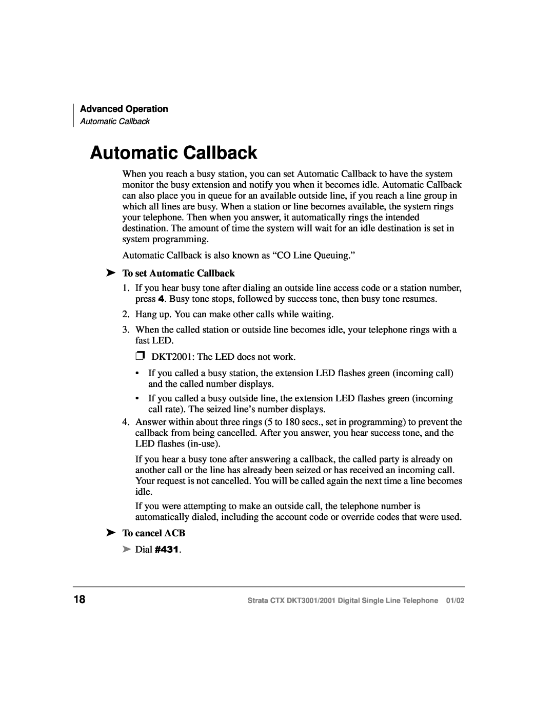 Toshiba DXT3001, 2001 manual To set Automatic Callback, To cancel ACB 