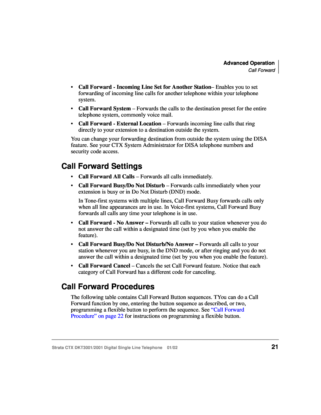 Toshiba 2001, DXT3001 manual Call Forward Settings, Call Forward Procedures 