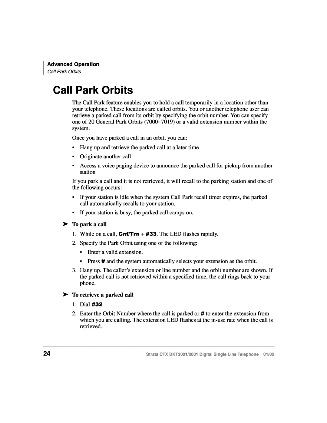 Toshiba DXT3001, 2001 manual Call Park Orbits, To park a call, To retrieve a parked call 