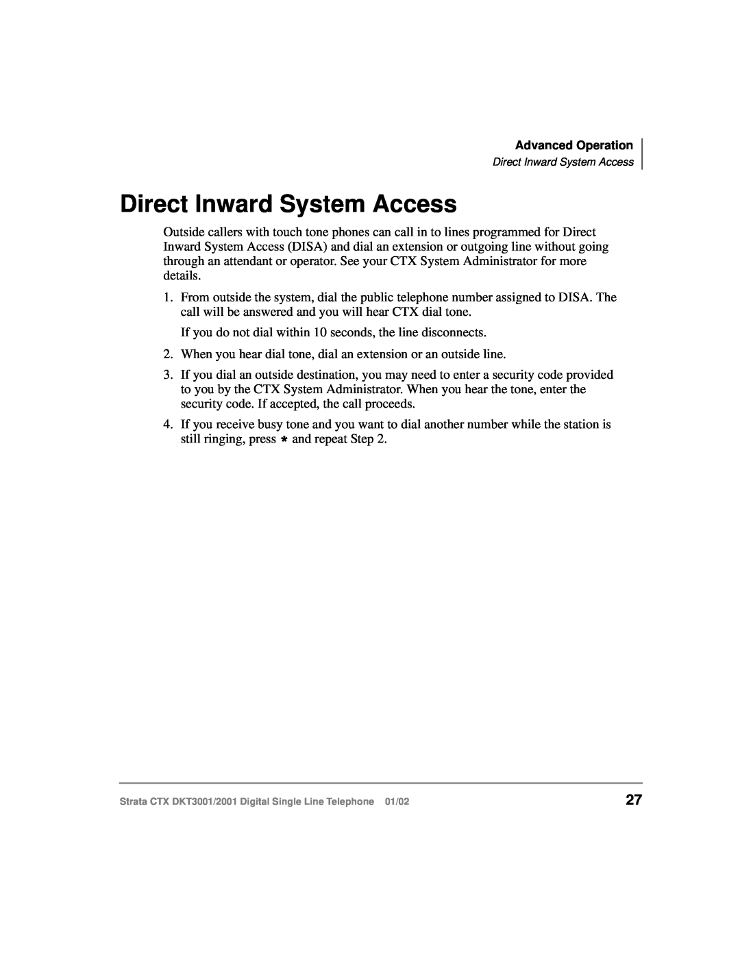 Toshiba 2001, DXT3001 manual Direct Inward System Access 