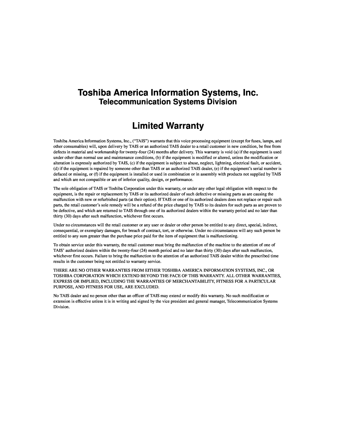 Toshiba DXT3001, 2001 manual Telecommunication Systems Division, Toshiba America Information Systems, Inc, Limited Warranty 
