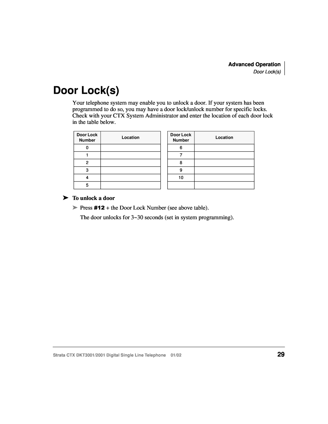 Toshiba 2001, DXT3001 manual Door Locks, To unlock a door 