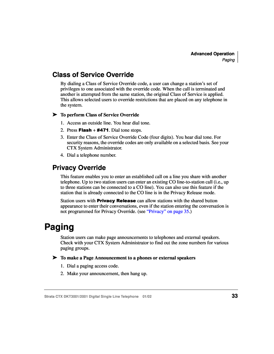Toshiba 2001, DXT3001 manual Paging, Privacy Override, To perform Class of Service Override 