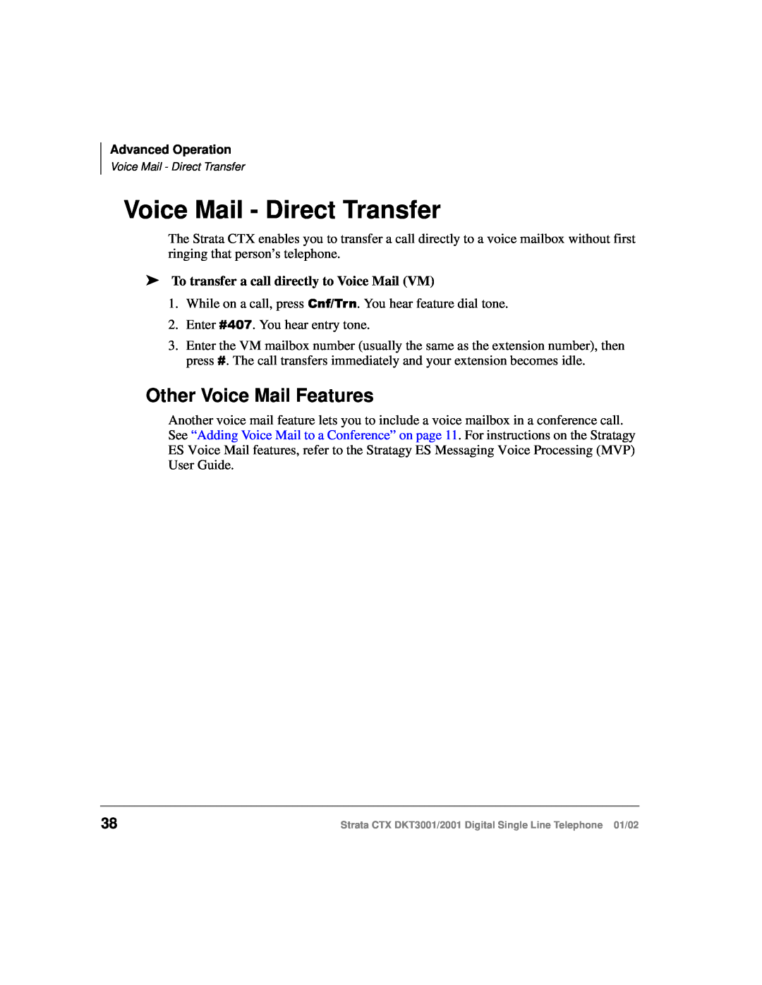 Toshiba DXT3001 Voice Mail - Direct Transfer, Other Voice Mail Features, To transfer a call directly to Voice Mail VM 