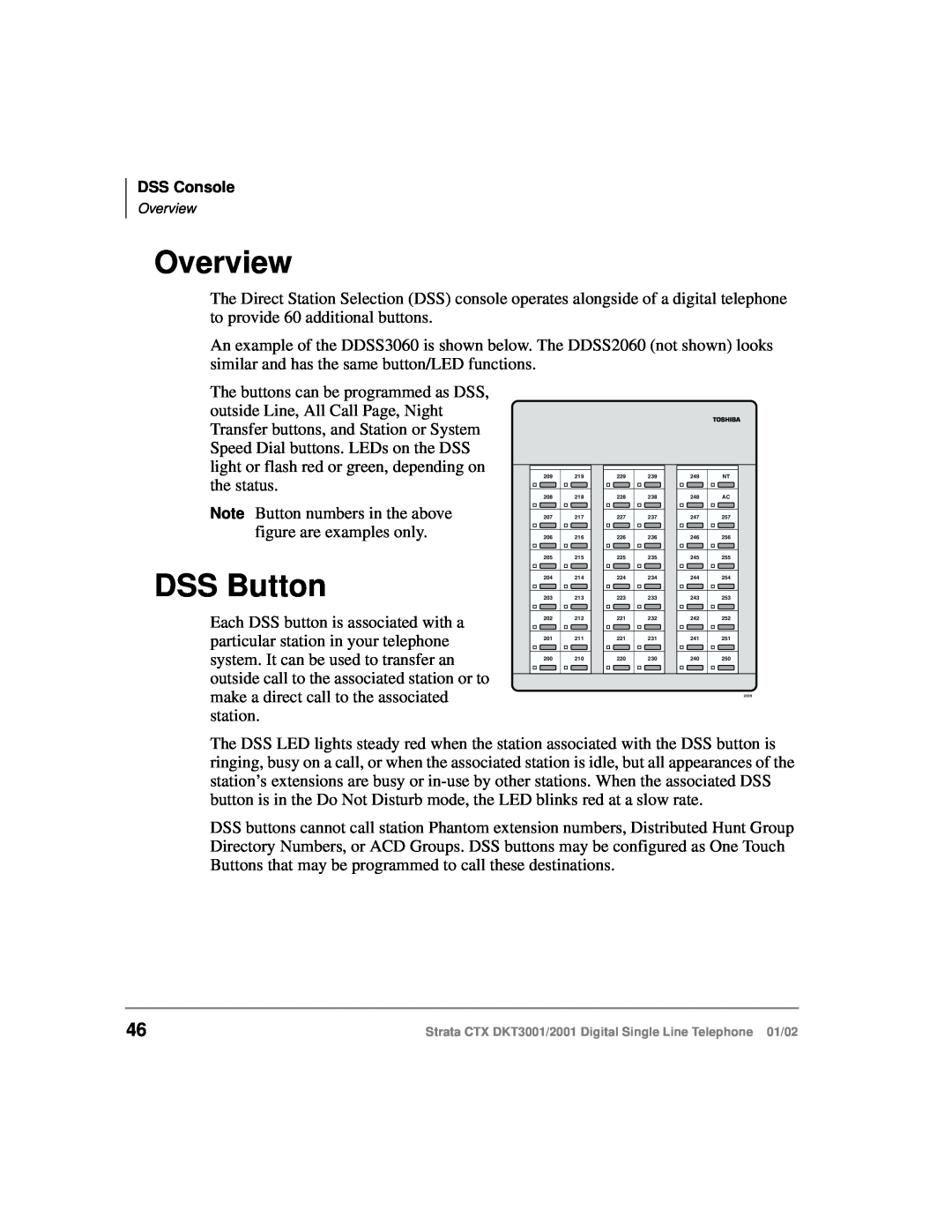 Toshiba DXT3001, 2001 manual Overview, DSS Button 
