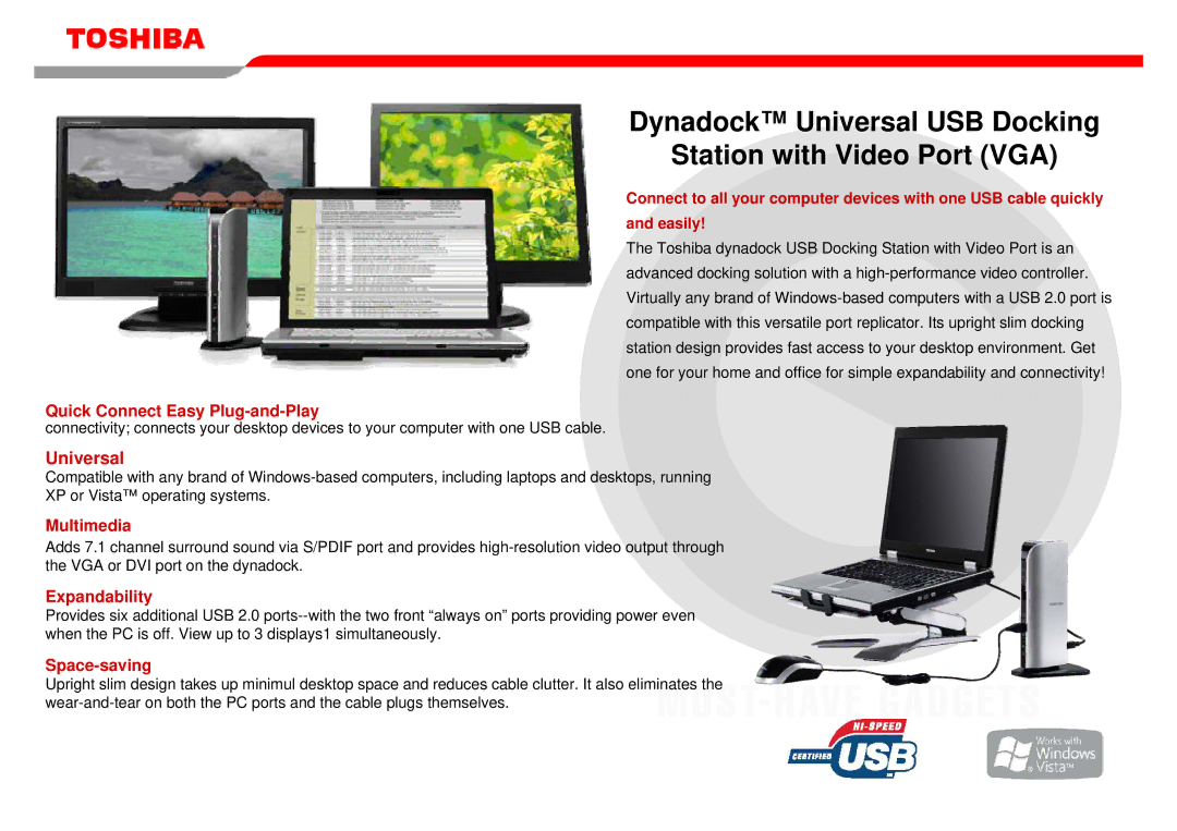 Toshiba manual Dynadock Universal USB Docking Station with Video Port VGA 