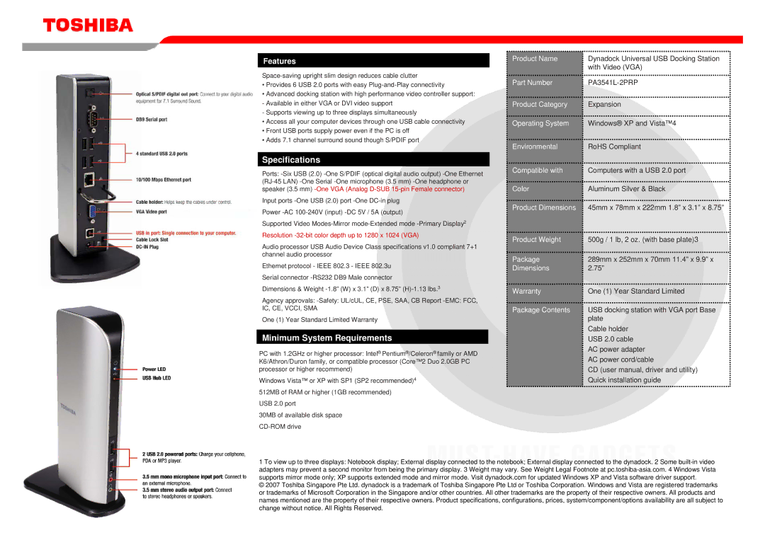 Toshiba Dynadock Universal USB Docking Station manual Specifications 