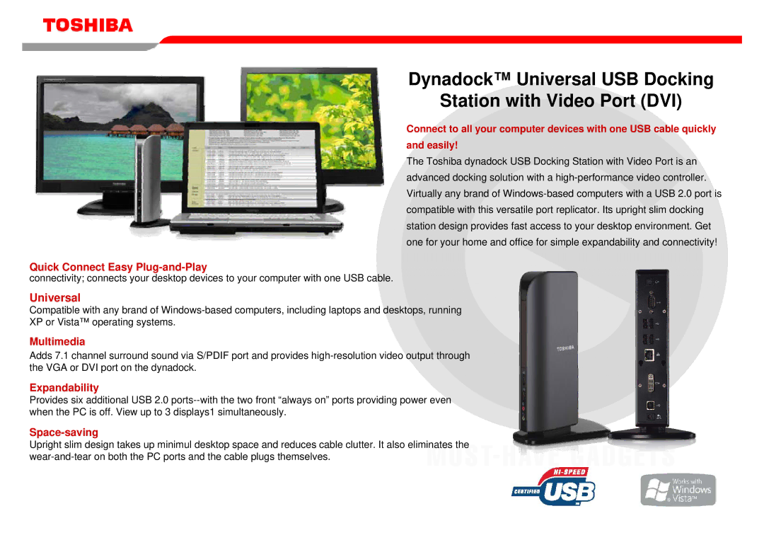 Toshiba manual Dynadock Universal USB Docking Station with Video Port DVI 