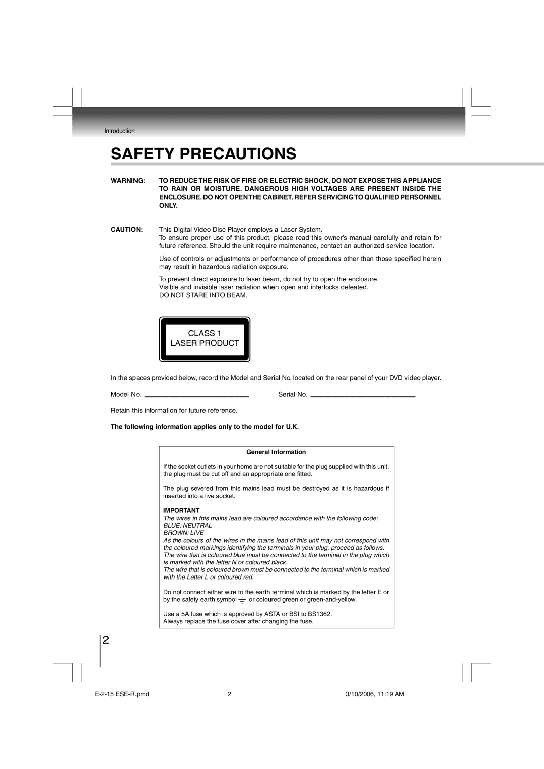 Toshiba E-2-15 ESE-R owner manual Safety Precautions 