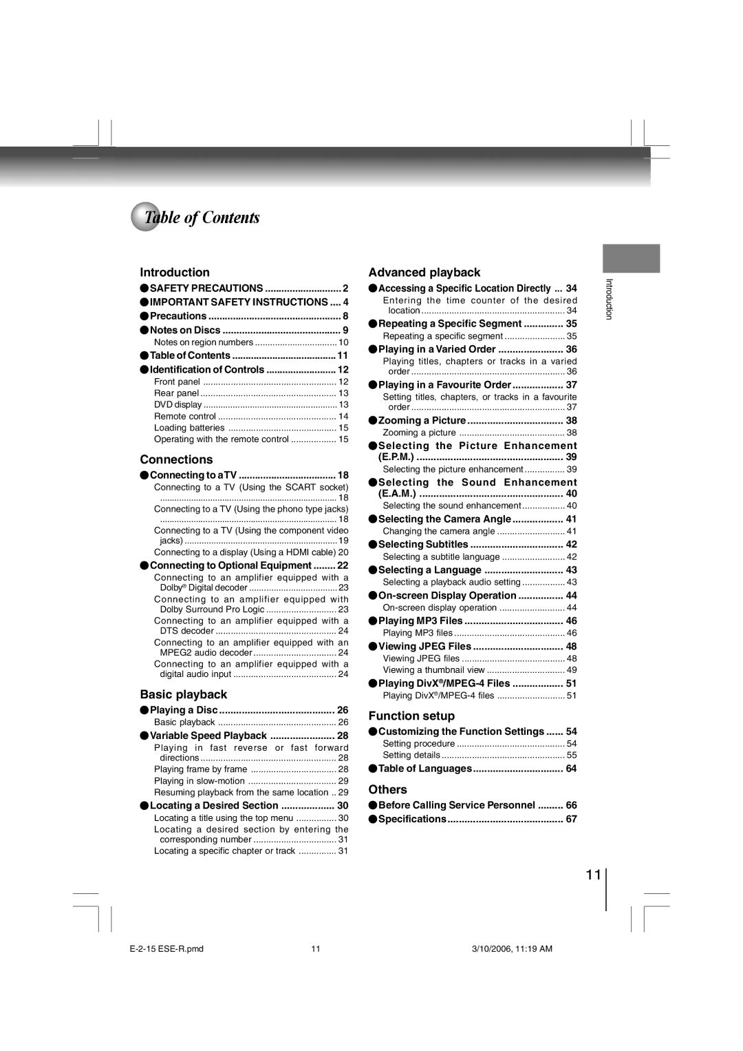 Toshiba E-2-15 ESE-R owner manual Table of Contents 