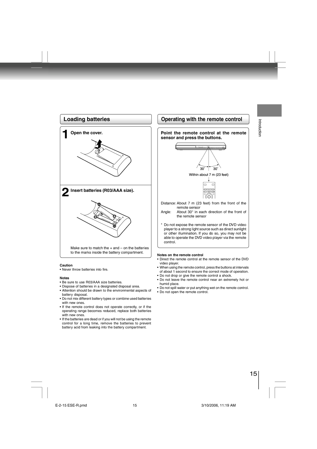 Toshiba E-2-15 ESE-R owner manual Loading batteries, Operating with the remote control 