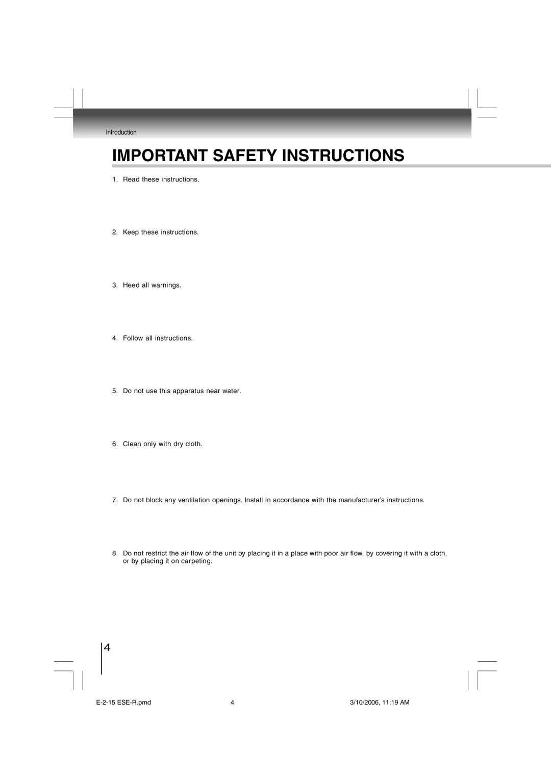 Toshiba E-2-15 ESE-R owner manual Important Safety Instructions 