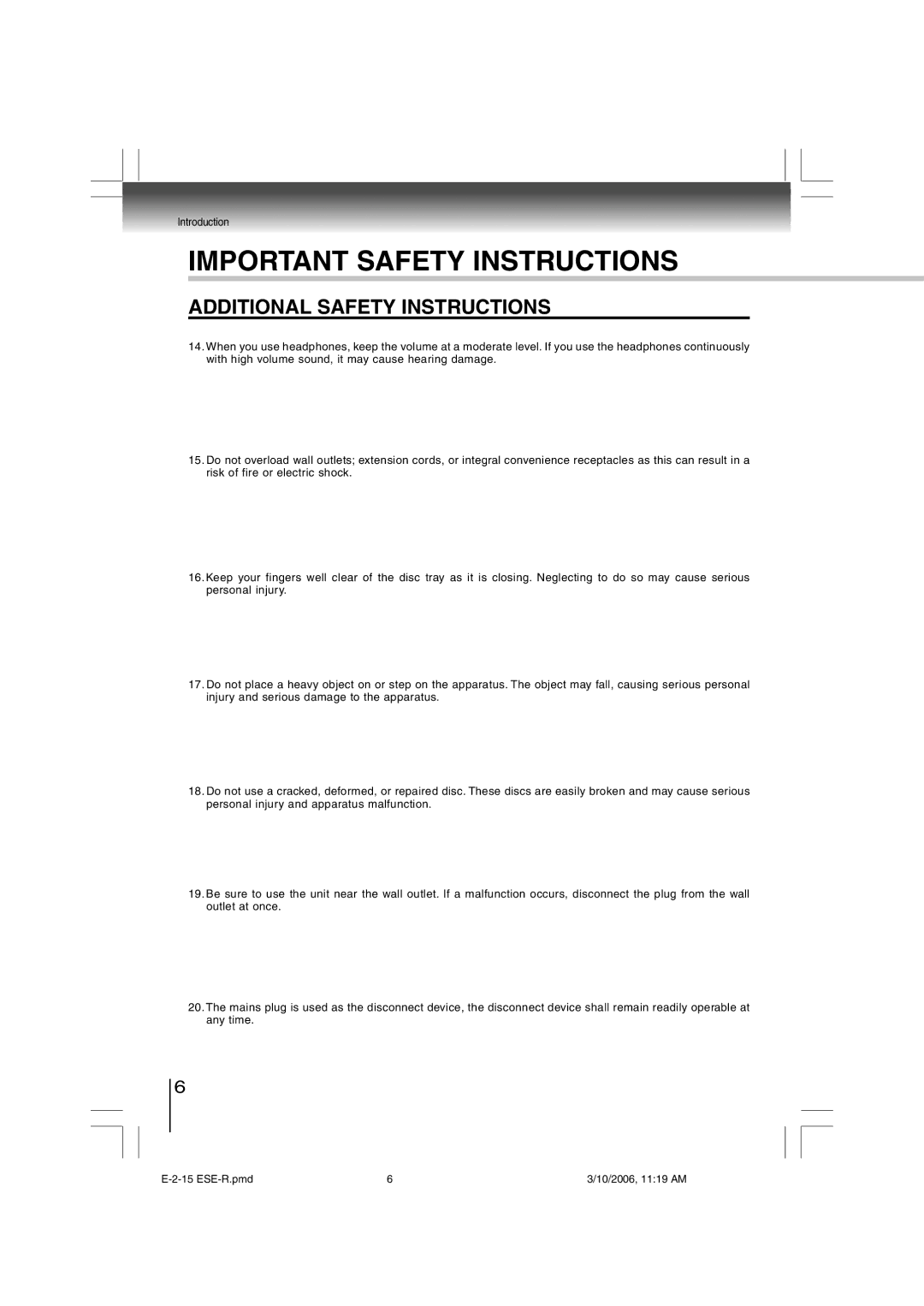 Toshiba E-2-15 ESE-R owner manual Additional Safety Instructions 