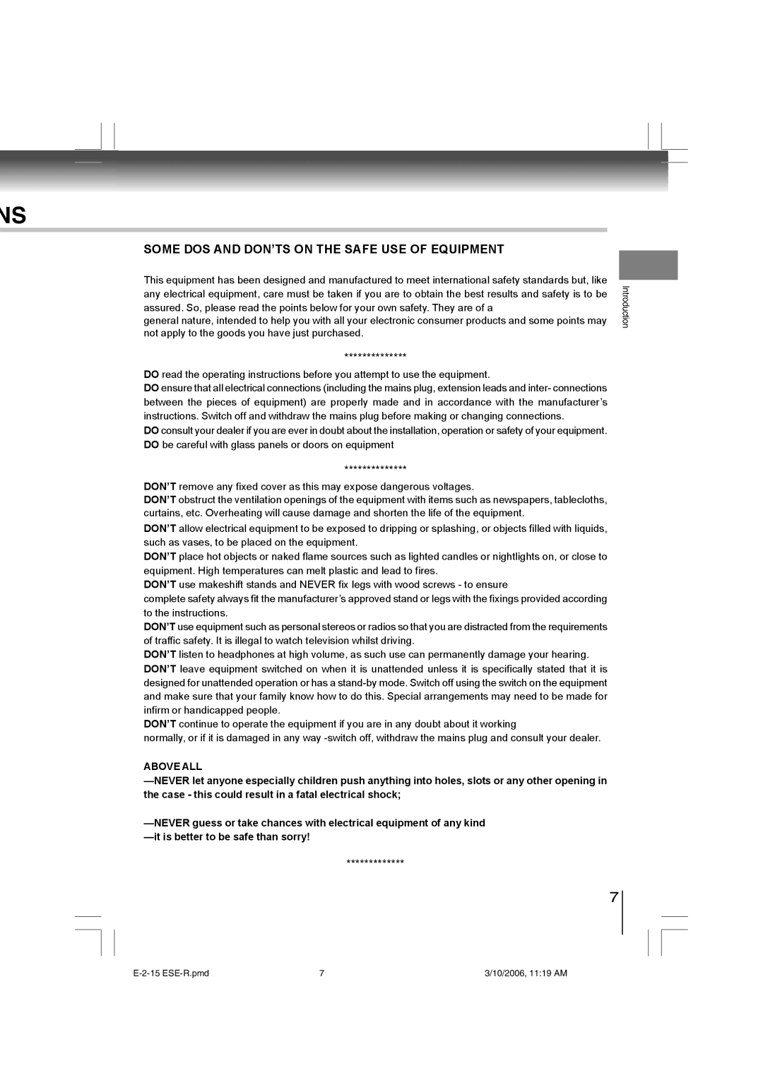 Toshiba E-2-15 ESE-R owner manual Some DOS and DON’TS on the Safe USE of Equipment 