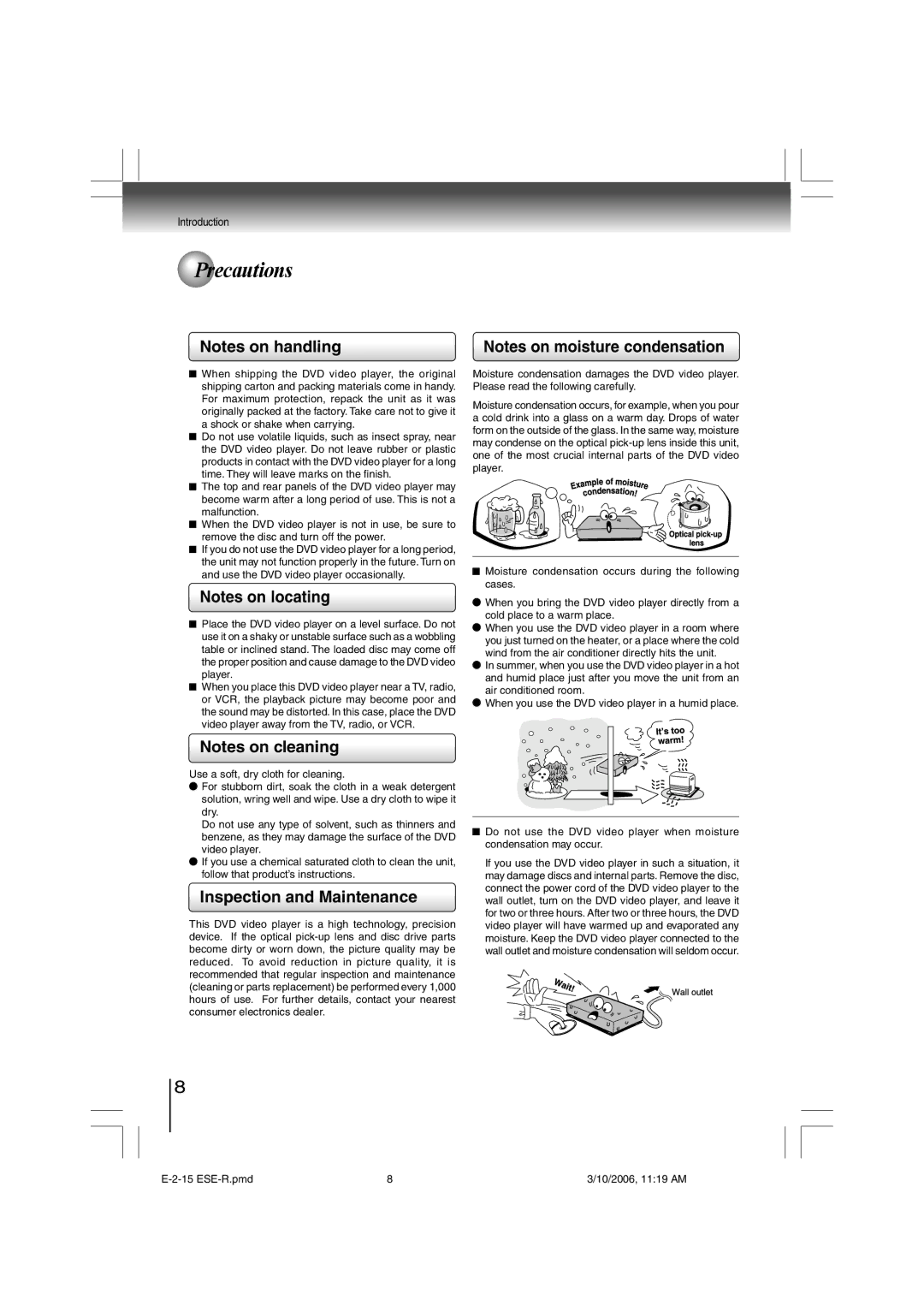 Toshiba E-2-15 ESE-R owner manual Precautions, Inspection and Maintenance 