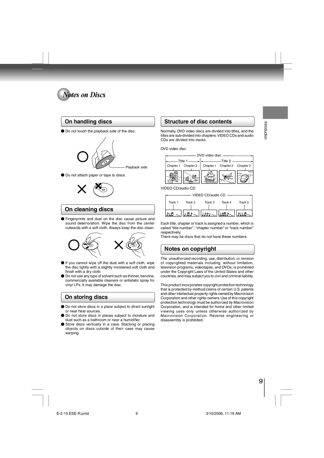 Toshiba E-2-15 ESE-R owner manual On handling discs, On cleaning discs Structure of disc contents, On storing discs 