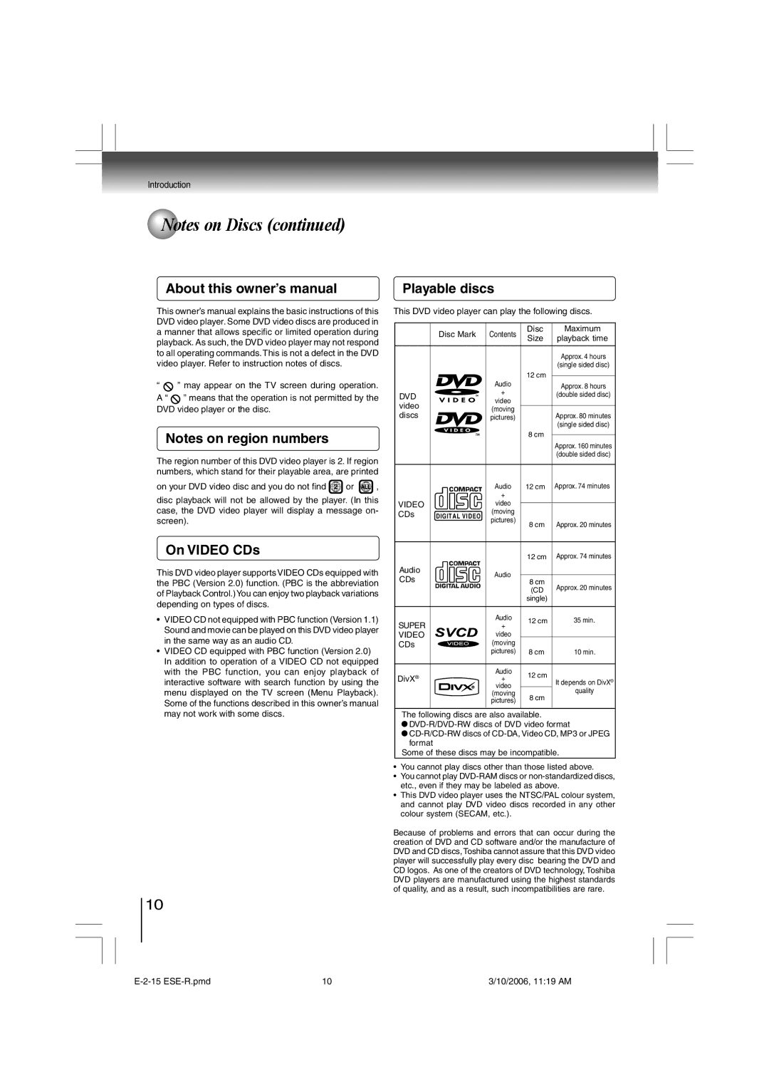 Toshiba E-2-15 ESE-R owner manual Playable discs, On Video CDs 