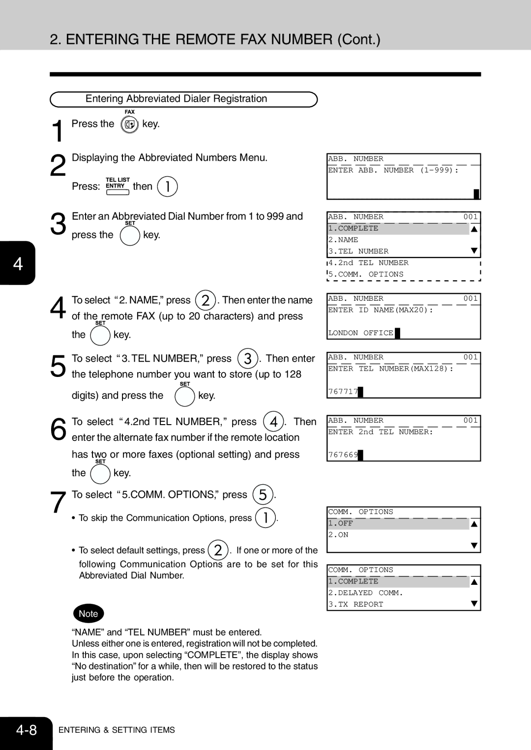 Toshiba e-studio 16/20/25 manual Entering the Remote FAX Number, Entering Abbreviated Dialer Registration Press Key 