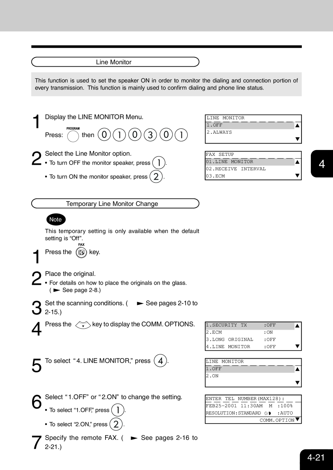 Toshiba e-studio 16/20/25 manual Temporary Line Monitor Change, Press the key to display the COMM. Options 