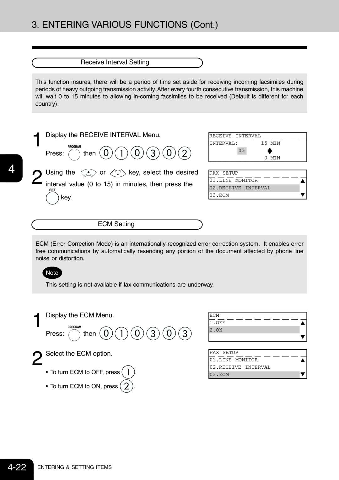 Toshiba e-studio 16/20/25 manual Receive Interval Setting, Display the ECM Menu Press then Select the ECM option 