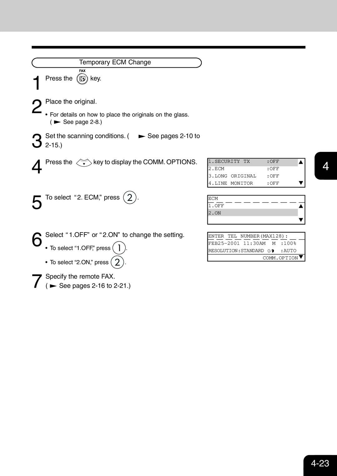 Toshiba e-studio 16/20/25 manual Temporary ECM Change Press the key Place the original, To select 2. ECM, press 