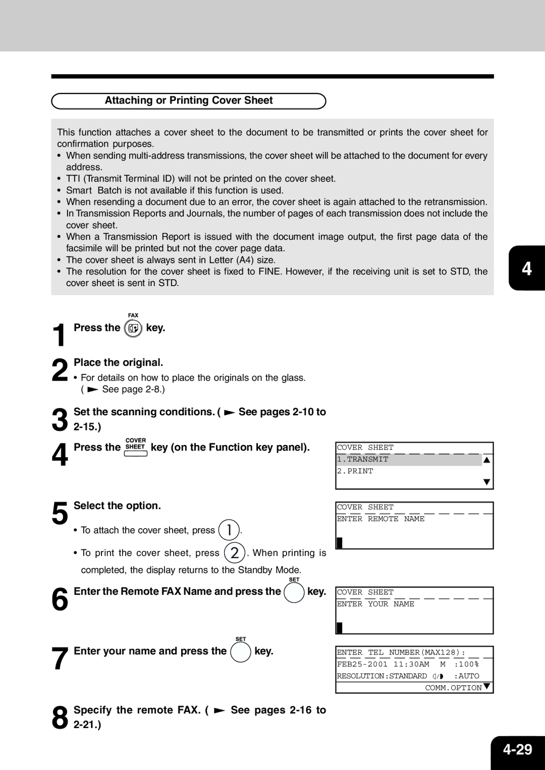 Toshiba e-studio 16/20/25 Attaching or Printing Cover Sheet, Select the option, Press the key on the Function key panel 