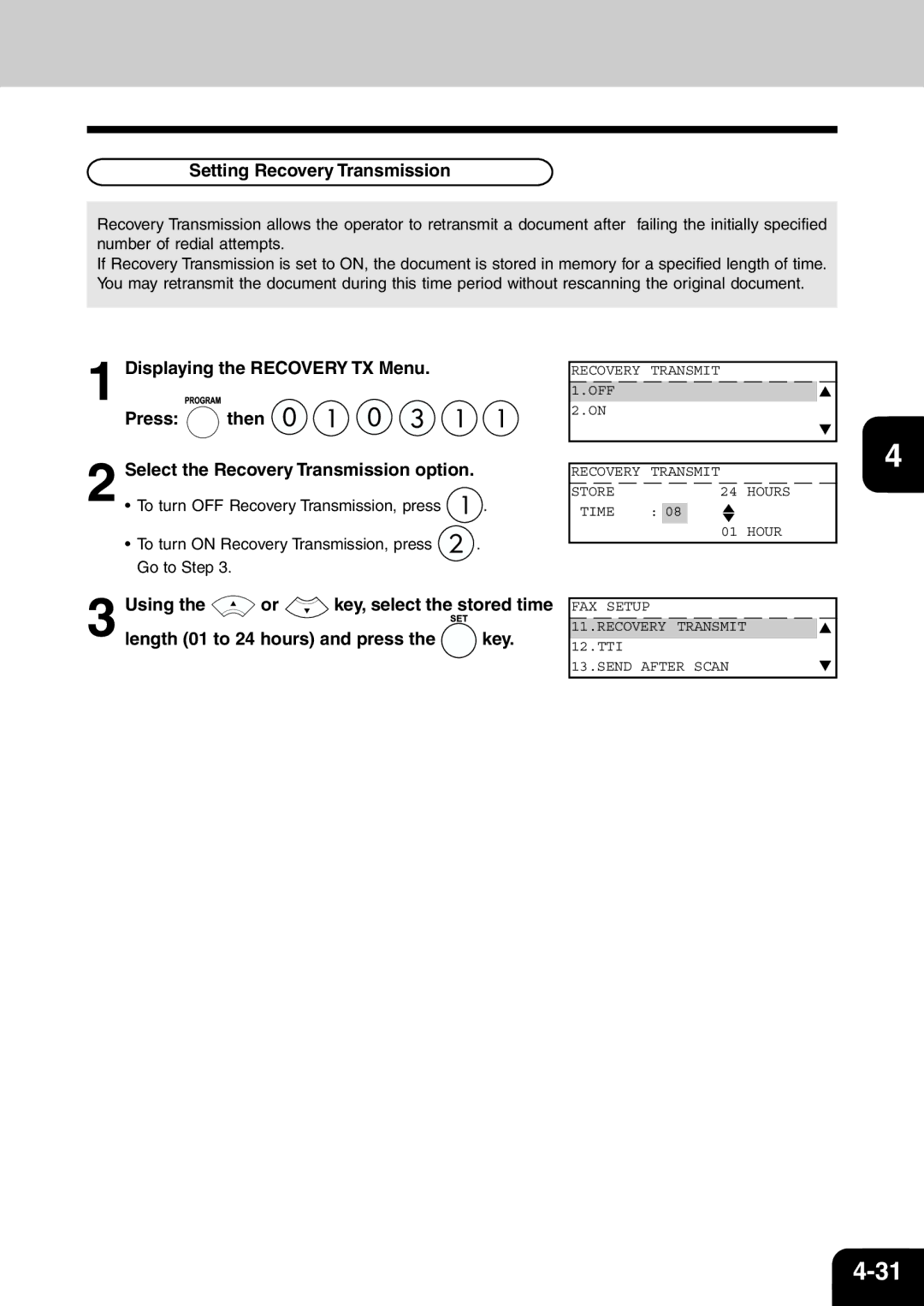 Toshiba e-studio 16/20/25 manual Setting Recovery Transmission, Displaying the Recovery TX Menu Press Then 